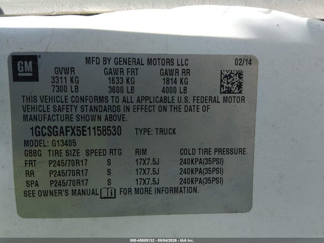 2014 Chevrolet Express 1500 Work Van მანქანა იყიდება აუქციონზე, vin: 1GCSGAFX5E1158530, აუქციონის ნომერი: 45009132