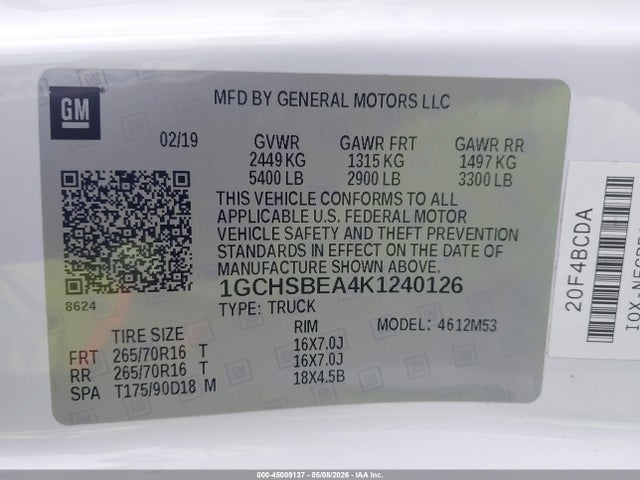 Продаж на аукціоні авто 2019 Chevrolet Colorado Wt, vin: 1GCHSBEA4K1240126, номер лоту: 45009137