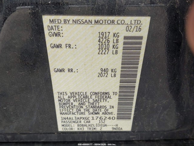 45009177 :رقم المزاد ، 1N4AL3APXGC176240 vin ، 2016 Nissan Altima 2.5 Sr مزاد بيع