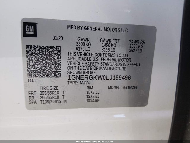 45009178 :رقم المزاد ، 1GNERGKW0LJ199496 vin ، 2020 Chevrolet Traverse Fwd Lt Cloth مزاد بيع