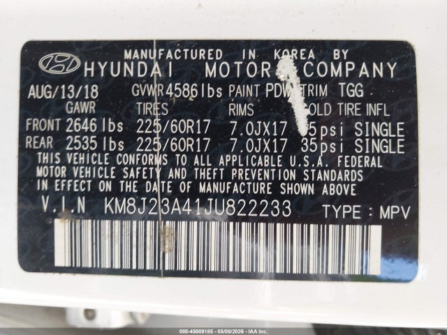Продажа на аукционе авто 2018 Hyundai Tucson Se, vin: KM8J23A41JU822233, номер лота: 45009185
