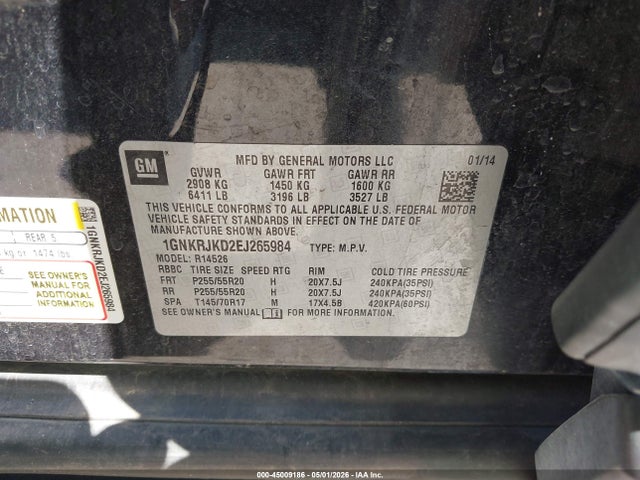 Продаж на аукціоні авто 2014 Chevrolet Traverse Ltz, vin: 1GNKRJKD2EJ265984, номер лоту: 45009186