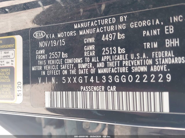2016 Kia Optima Lx მანქანა იყიდება აუქციონზე, vin: 5XXGT4L33GG022229, აუქციონის ნომერი: 45009190