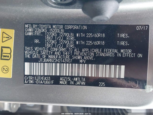 45009194 :رقم المزاد ، JTJBARBZ2H2143907 vin ، 2017 Lexus Nx 200t مزاد بيع