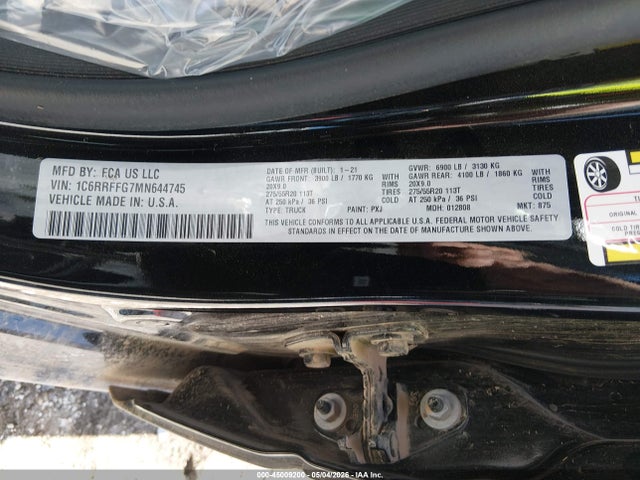 2021 Ram 1500 Big Horn  4x4 5'7 Box მანქანა იყიდება აუქციონზე, vin: 1C6RRFFG7MN644745, აუქციონის ნომერი: 45009200