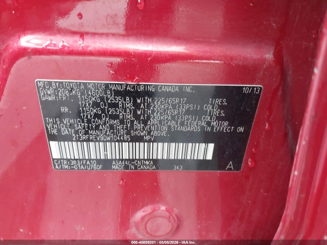 2013 Toyota Rav4 Xle მანქანა იყიდება აუქციონზე, vin: 2T3RFREV9DW104485, აუქციონის ნომერი: 45009201