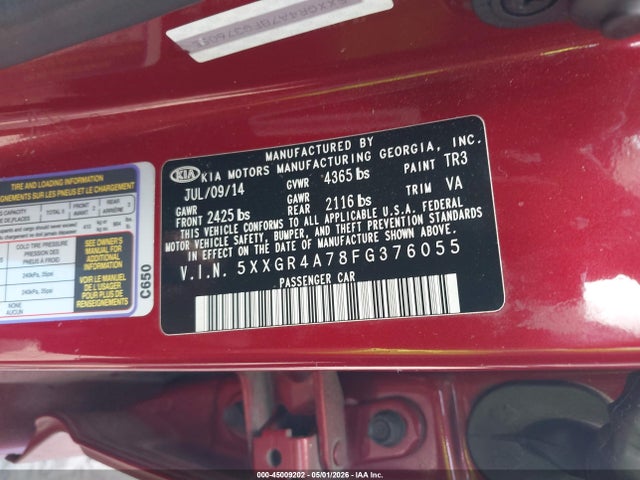 45009202 :رقم المزاد ، 5XXGR4A78FG376055 vin ، 2015 Kia Optima Sx مزاد بيع