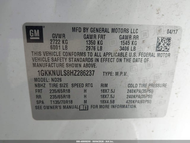 Продаж на аукціоні авто 2017 Gmc Acadia Slt-1, vin: 1GKKNULS8HZ286237, номер лоту: 45009208