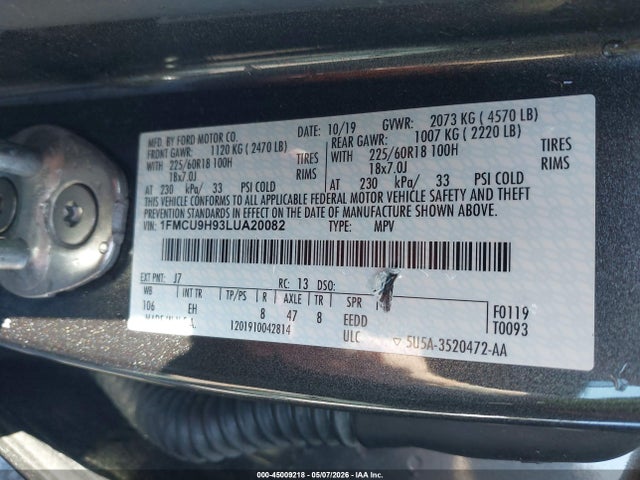 Aukcja sprzedaży 2020 Ford Escape Sel, vin: 1FMCU9H93LUA20082, numer aukcji: 45009218