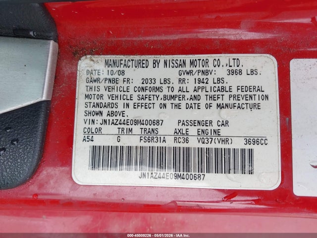 45009226 :رقم المزاد ، JN1AZ44E09M400687 vin ، 2009 Nissan 370z Touring مزاد بيع