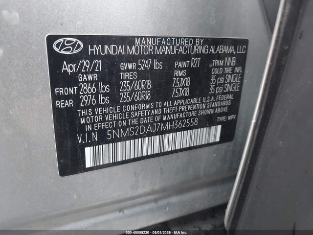 Продажа на аукционе авто 2021 Hyundai Santa Fe Sel, vin: 5NMS2DAJ7MH362558, номер лота: 45009230