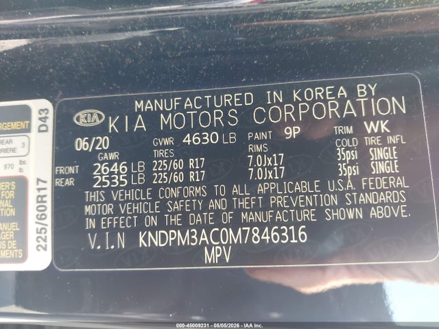 Aukcja sprzedaży 2021 Kia Sportage Lx, vin: KNDPM3AC0M7846316, numer aukcji: 45009231