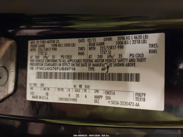 45009233 :رقم المزاد ، 1FMCU0G76FUB59719 vin ، 2015 Ford Escape Se مزاد بيع