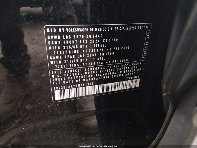45009235 :رقم المزاد ، 3VV2B7AX2KM151916 vin ، 2019 Volkswagen Tiguan 2.0t Se/2.0t Sel/2.0t Sel R-line/2.0t Sel R-line Black مزاد بيع