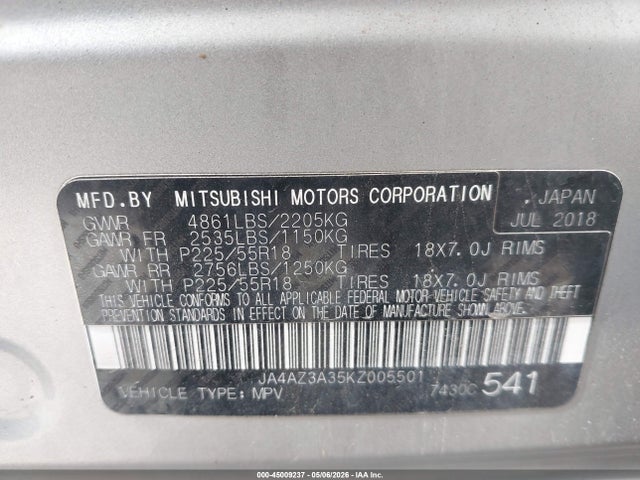 Aukcja sprzedaży 2019 Mitsubishi Outlander Se, vin: JA4AZ3A35KZ005501, numer aukcji: 45009237