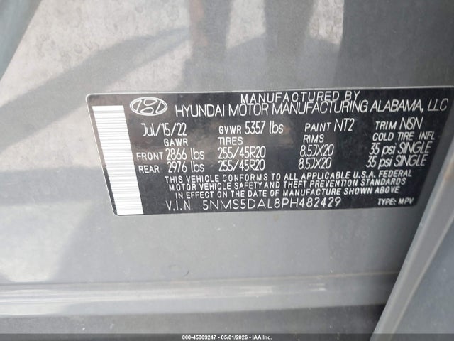 Aukcja sprzedaży 2023 Hyundai Santa Fe Calligraphy, vin: 5NMS5DAL8PH482429, numer aukcji: 45009247