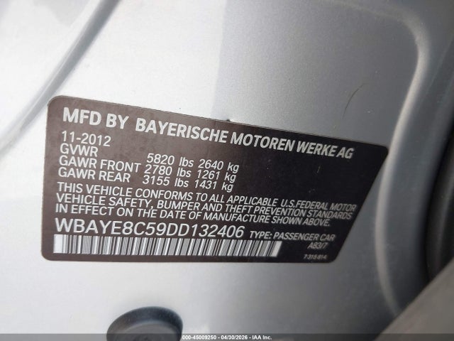 Продажа на аукционе авто 2013 Bmw 750li, vin: WBAYE8C59DD132406, номер лота: 45009250