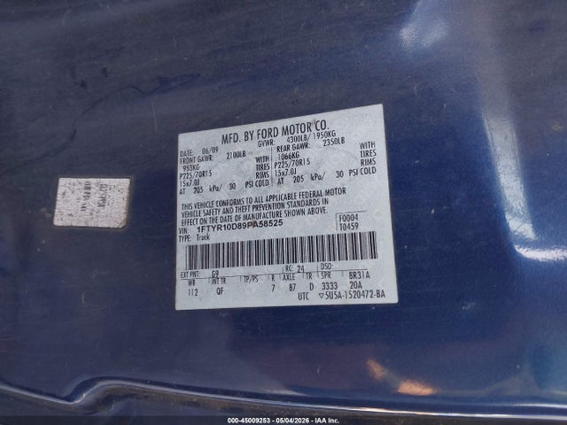 2009 Ford Ranger Sport/xl/xlt მანქანა იყიდება აუქციონზე, vin: 1FTYR10D89PA58525, აუქციონის ნომერი: 45009253