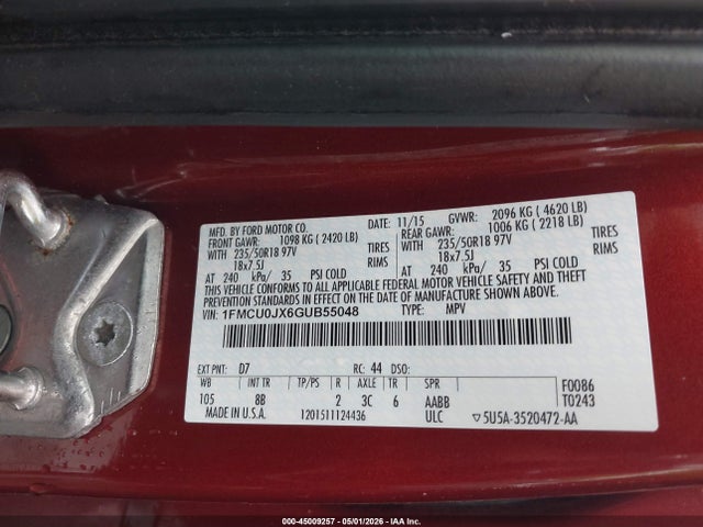Aukcja sprzedaży 2016 Ford Escape Titanium, vin: 1FMCU0JX6GUB55048, numer aukcji: 45009257