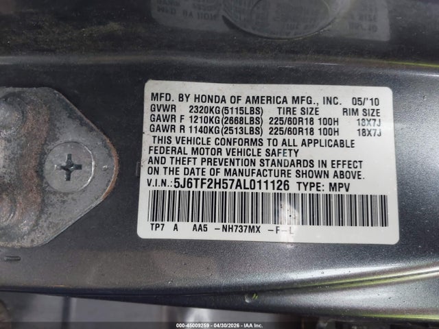 Aukcja sprzedaży 2010 Honda Accord Crosstour Ex-l, vin: 5J6TF2H57AL011126, numer aukcji: 45009259