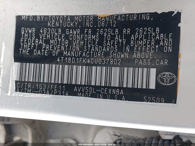 Продаж на аукціоні авто 2012 Toyota Camry Hybrid Le, vin: 4T1BD1FK4CU037802, номер лоту: 45009264