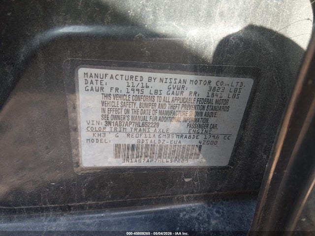 2017 Nissan Sentra Sv მანქანა იყიდება აუქციონზე, vin: 3N1AB7AP7HL652229, აუქციონის ნომერი: 45009265