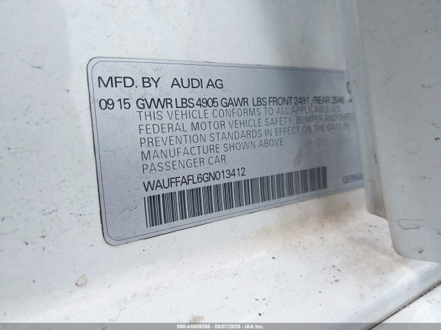 2016 Audi A4 2.0t Premium მანქანა იყიდება აუქციონზე, vin: WAUFFAFL6GN013412, აუქციონის ნომერი: 45009266