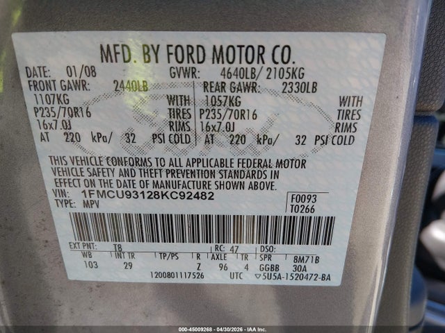 2008 Ford Escape Xlt მანქანა იყიდება აუქციონზე, vin: 1FMCU93128KC92482, აუქციონის ნომერი: 45009268