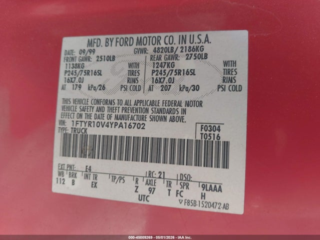 Продажа на аукционе авто 2000 Ford Ranger Xl/xlt, vin: 1FTYR10V4YPA16702, номер лота: 45009269