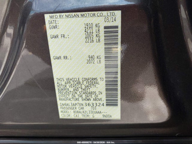 45009270 :رقم المزاد ، 1N4AL3AP7EN363324 vin ، 2014 Nissan Altima 2.5 S مزاد بيع