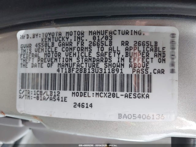 45009295 :رقم المزاد ، 4T1BF28B13U311891 vin ، 2003 Toyota Avalon Xls مزاد بيع