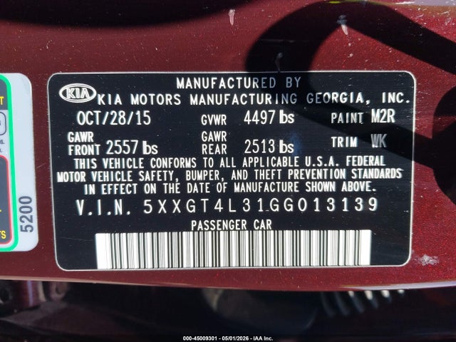 45009301 :رقم المزاد ، 5XXGT4L31GG013139 vin ، 2016 Kia Optima Lx مزاد بيع