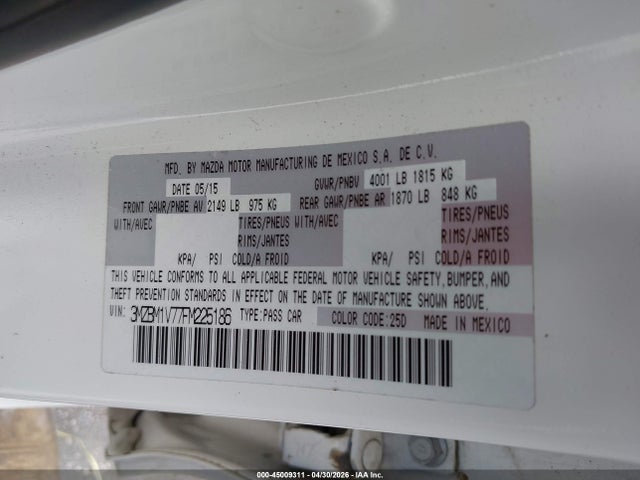 Aukcja sprzedaży 2015 Mazda Mazda3 I Touring, vin: 3MZBM1V77FM225186, numer aukcji: 45009311