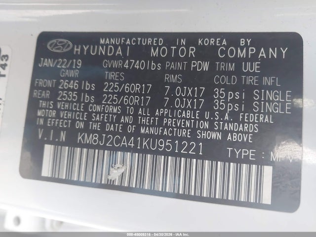 2019 Hyundai Tucson Se მანქანა იყიდება აუქციონზე, vin: KM8J2CA41KU951221, აუქციონის ნომერი: 45009316