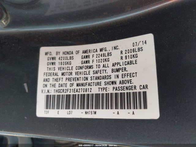 Продажа на аукционе авто 2014 Honda Accord Lx, vin: 1HGCR2F31EA270812, номер лота: 45009317