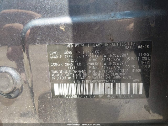 45009327 :رقم المزاد ، 4S4BSAHC3H3234713 vin ، 2017 Subaru Outback 2.5i Premium مزاد بيع