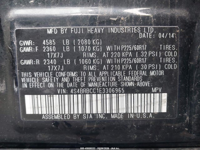 Продаж на аукціоні авто 2014 Subaru Outback 2.5i Premium, vin: 4S4BRBCC1E3306965, номер лоту: 45009333