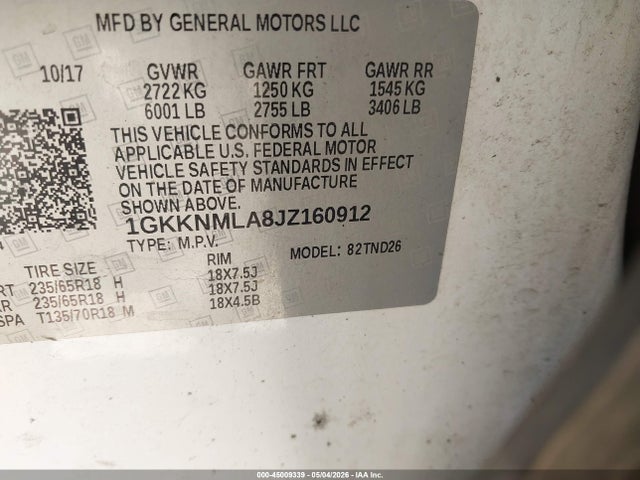 Aukcja sprzedaży 2018 Gmc Acadia Slt-1, vin: 1GKKNMLA8JZ160912, numer aukcji: 45009339