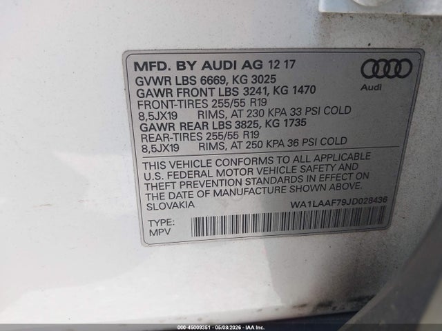 Aukcja sprzedaży 2018 Audi Q7 3.0t Premium, vin: WA1LAAF79JD028436, numer aukcji: 45009351