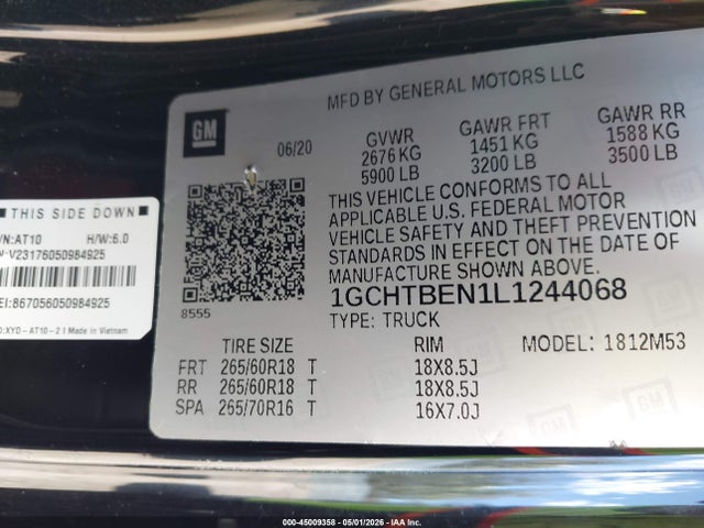 2020 Chevrolet Colorado 4wd  Long Box Wt მანქანა იყიდება აუქციონზე, vin: 1GCHTBEN1L1244068, აუქციონის ნომერი: 45009358