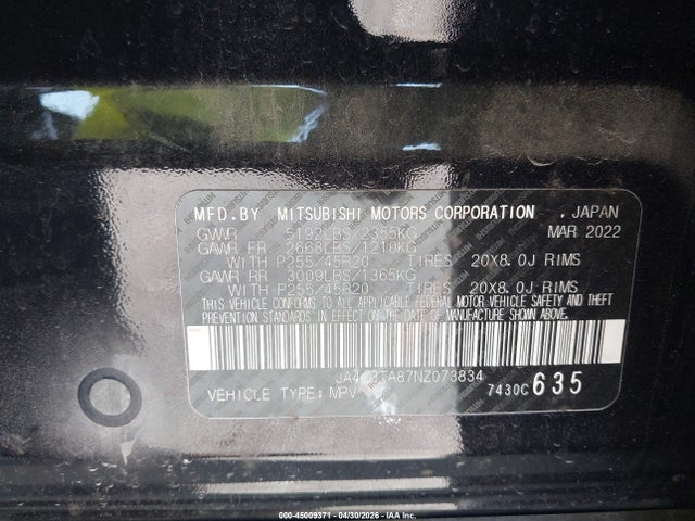 Aukcja sprzedaży 2022 Mitsubishi Outlander Es 2.5 2wd, vin: JA4J3TA87NZ073834, numer aukcji: 45009371