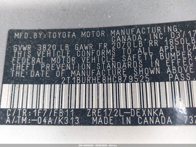 Продаж на аукціоні авто 2017 Toyota Corolla Le, vin: 2T1BURHE8HC879525, номер лоту: 45009388