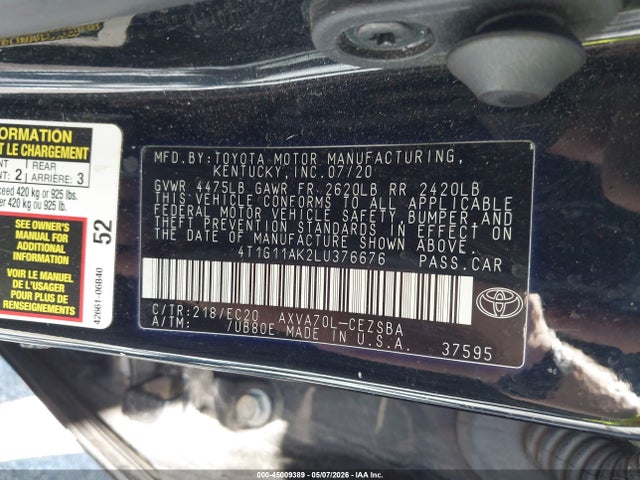 Aukcja sprzedaży 2020 Toyota Camry Se Nightshade Edition, vin: 4T1G11AK2LU376676, numer aukcji: 45009389