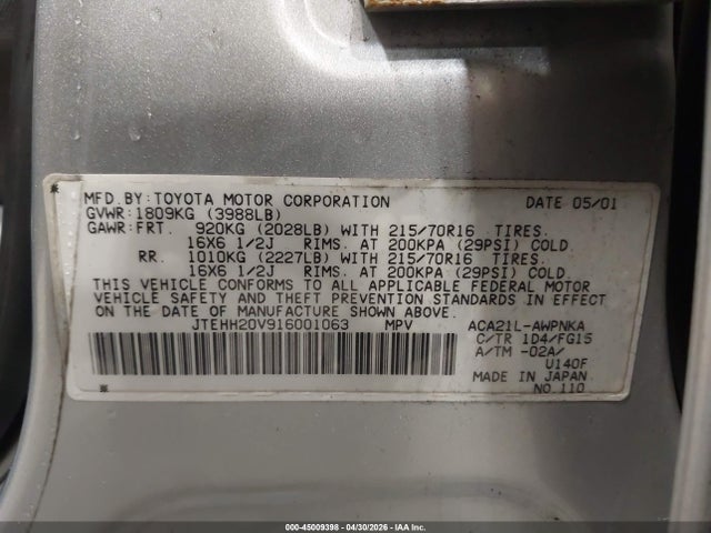 Продажа на аукционе авто 2001 Toyota Rav4, vin: JTEHH20V916001063, номер лота: 45009398