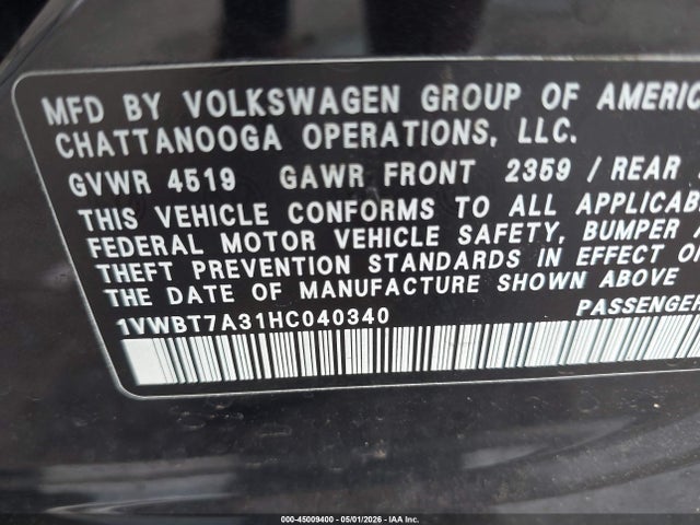 2017 Volkswagen Passat 1.8t Se მანქანა იყიდება აუქციონზე, vin: 1VWBT7A31HC040340, აუქციონის ნომერი: 45009400