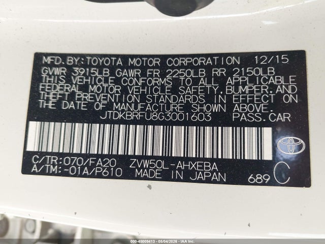 45009413 :رقم المزاد ، JTDKBRFU8G3001603 vin ، 2016 Toyota Prius Two مزاد بيع