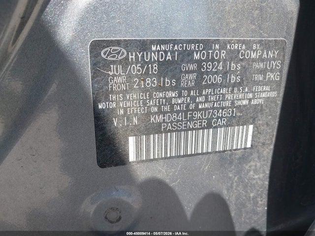 2019 Hyundai Elantra Sel მანქანა იყიდება აუქციონზე, vin: KMHD84LF9KU734631, აუქციონის ნომერი: 45009414