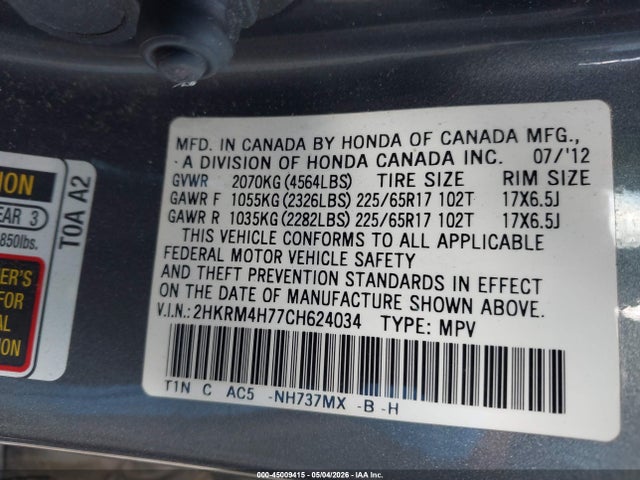 45009415 :رقم المزاد ، 2HKRM4H77CH624034 vin ، 2012 Honda Cr-v Ex-l مزاد بيع