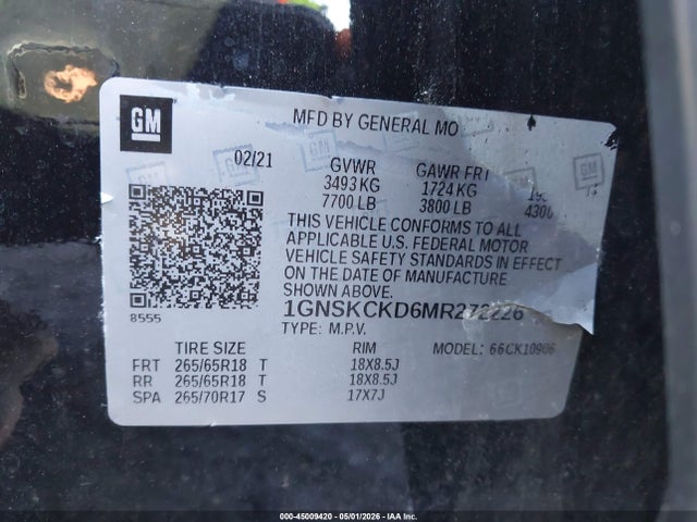 Продаж на аукціоні авто 2021 Chevrolet Suburban 4wd Lt, vin: 1GNSKCKD6MR272226, номер лоту: 45009420