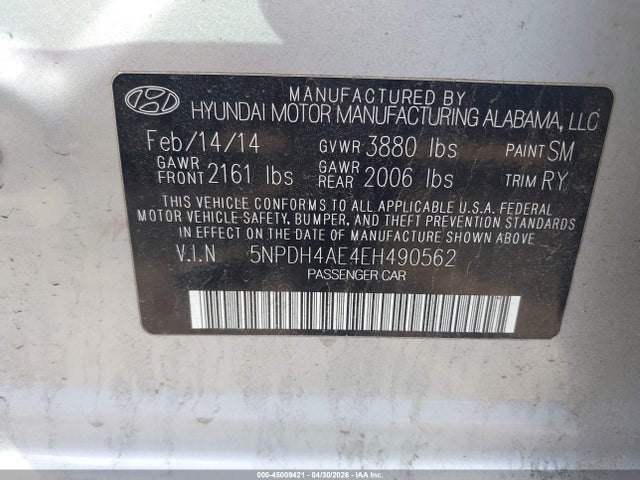 45009421 :رقم المزاد ، 5NPDH4AE4EH490562 vin ، 2014 Hyundai Elantra Limited مزاد بيع